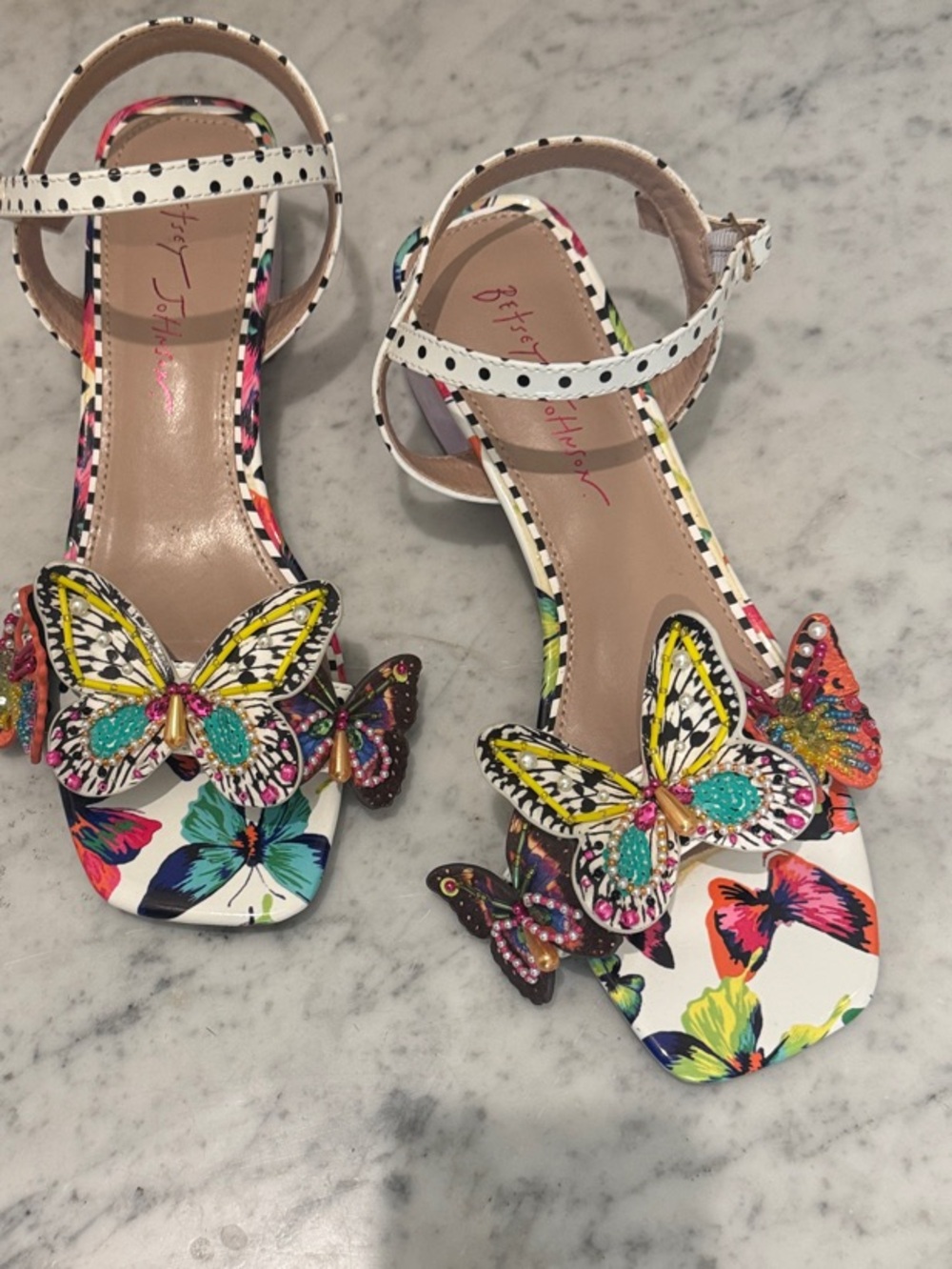 Betsey Johnson White Multi Butterfly Embellished Ankle-Strap Sandals